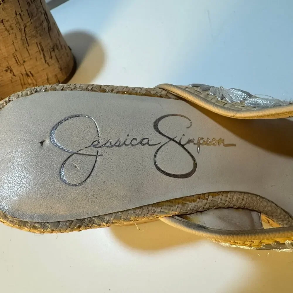 Womens Jessica Simpson Size 6.5 EU 37 Tan Cork Daisy Wedges Slip On JS-Seena A2
